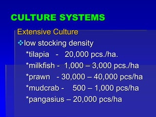 CULTURE SYSTEMS
Extensive Culture
low stocking density
*tilapia - 20,000 pcs./ha.
*milkfish - 1,000 – 3,000 pcs./ha
*prawn - 30,000 – 40,000 pcs/ha
*mudcrab - 500 – 1,000 pcs/ha
*pangasius – 20,000 pcs/ha
 
