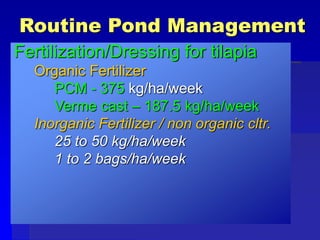 Routine Pond Management
Fertilization/Dressing for tilapia
Organic Fertilizer
PCM - 375 kg/ha/week
Verme cast – 187.5 kg/ha/week
Inorganic Fertilizer / non organic cltr.
25 to 50 kg/ha/week
1 to 2 bags/ha/week
 