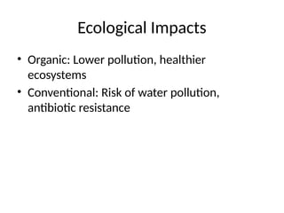Ecological Impacts
• Organic: Lower pollution, healthier
ecosystems
• Conventional: Risk of water pollution,
antibiotic resistance
 