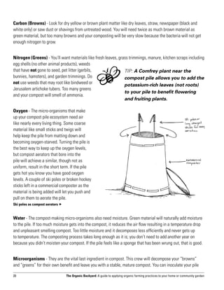 Carbon (Browns) - Look for dry yellow or brown plant matter like dry leaves, straw, newspaper (black and
white only) or saw dust or shavings from untreated wood. You will need twice as much brown material as
green material, but too many browns and your composting will be very slow because the bacteria will not get
enough nitrogen to grow.


Nitrogen (Greens) - You’ll want materials like fresh leaves, grass trimmings, manure, kitchen scraps including
egg shells (no other animal products), weeds
that have not gone to seed, pet litter (gerbils,                TIP: A Comfrey plant near the
bunnies, hamsters), and garden trimmings. Do                    compost pile allows you to add the
not use weeds that may root like bindweed or                    potassium-rich leaves (not roots)
Jerusalem artichoke tubers. Too many greens
                                                                to your pile to benefit flowering
and your compost will smell of ammonia.
                                                                and fruiting plants.

Oxygen - The micro-organisms that make
up your compost pile ecosystem need air
like nearly every living thing. Some coarse
material like small sticks and twigs will
help keep the pile from matting down and
becoming oxygen-starved. Turning the pile is
the best way to keep up the oxygen levels,
but compost aerators that bore into the
pile will achieve a similar, though not as
uniform, result in the short term. If the pile
gets hot you know you have good oxygen
levels. A couple of ski poles or broken hockey
sticks left in a commercial composter as the
material is being added will let you push and
pull on them to aerate the pile.
Ski poles as compost aerators 


Water - The compost-making micro-organisms also need moisture. Green material will naturally add moisture
to the pile. If too much moisture gets into the compost, it reduces the air flow resulting in a temperature drop
and unpleasant smelling compost. Too little moisture and it decomposes less efficiently and never gets up
to temperature. The composting process takes long enough as it is; you don’t need to add another year on
because you didn’t moisten your compost. If the pile feels like a sponge that has been wrung out, that is good.


Microorganisms - They are the vital last ingredient in compost. This crew will decompose your “browns”
and “greens” for their own benefit and leave you with a stable, mature compost. You can inoculate your pile

20                                The Organic Backyard: A guide to applying organic farming practices to your home or community garden
 