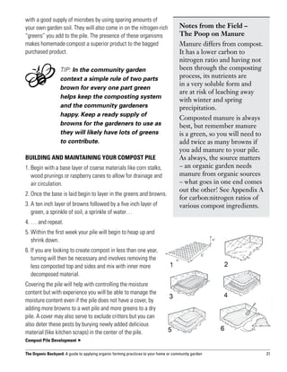with a good supply of microbes by using sparing amounts of
your own garden soil. They will also come in on the nitrogen-rich                      Notes from the Field – 	
“greens” you add to the pile. The presence of these organisms                          The Poop on Manure
makes homemade compost a superior product to the bagged                                Manure differs from compost.
purchased product.                                                                     It has a lower carbon to
                                                                                       nitrogen ratio and having not
                   TIP: In the community garden                                        been through the composting
                   context a simple rule of two parts                                  process, its nutrients are
                                                                                       in a very soluble form and
                   brown for every one part green
                                                                                       are at risk of leaching away
                   helps keep the composting system
                                                                                       with winter and spring
                   and the community gardeners                                         precipitation.
                   happy. Keep a ready supply of
                                                                                       Composted manure is always
                   browns for the gardeners to use as                                  best, but remember manure
                   they will likely have lots of greens                                is a green, so you will need to
                   to contribute.                                                      add twice as many browns if
                                                                                       you add manure to your pile.
Building and Maintaining Your Compost Pile                                             As always, the source matters
1.  egin with a base layer of coarse materials like corn stalks,
   B                                                                                   – an organic garden needs
   wood prunings or raspberry canes to allow for drainage and                          manure from organic sources
   air circulation.                                                                    – what goes in one end comes
                                                                                       out the other! See Appendix A
2. Once the base is laid begin to layer in the greens and browns.
                                                                                       for carbon:nitrogen ratios of
3.  ten inch layer of browns followed by a five inch layer of
   A                                                                                   various compost ingredients.
   green, a sprinkle of soil, a sprinkle of water…
4. … and repeat.
5.  ithin the first week your pile will begin to heap up and
   W
   shrink down.
6. f you are looking to create compost in less than one year,
   I
   turning will then be necessary and involves removing the
   less composted top and sides and mix with inner more
   decomposed material.
Covering the pile will help with controlling the moisture
content but with experience you will be able to manage the
moisture content even if the pile does not have a cover, by
adding more browns to a wet pile and more greens to a dry
pile. A cover may also serve to exclude critters but you can
also deter these pests by burying newly added delicious
material (like kitchen scraps) in the center of the pile.
Compost Pile Development 

The Organic Backyard: A guide to applying organic farming practices to your home or community garden                     21
 
