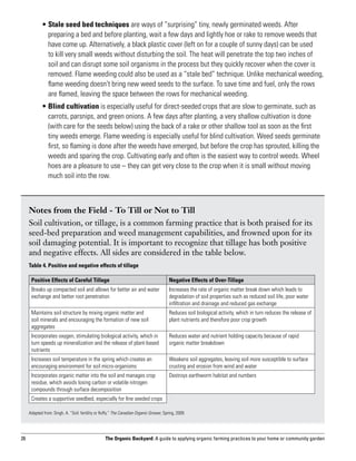 •  tale seed bed techniques are ways of “surprising” tiny, newly germinated weeds. After
              S
              preparing a bed and before planting, wait a few days and lightly hoe or rake to remove weeds that
              have come up. Alternatively, a black plastic cover (left on for a couple of sunny days) can be used
              to kill very small weeds without disturbing the soil. The heat will penetrate the top two inches of
              soil and can disrupt some soil organisms in the process but they quickly recover when the cover is
              removed. Flame weeding could also be used as a “stale bed” technique. Unlike mechanical weeding,
              flame weeding doesn’t bring new weed seeds to the surface. To save time and fuel, only the rows
              are flamed, leaving the space between the rows for mechanical weeding.
	           •  lind cultivation is especially useful for direct-seeded crops that are slow to germinate, such as
              B
              carrots, parsnips, and green onions. A few days after planting, a very shallow cultivation is done
              (with care for the seeds below) using the back of a rake or other shallow tool as soon as the first
              tiny weeds emerge. Flame weeding is especially useful for blind cultivation. Weed seeds germinate
              first, so flaming is done after the weeds have emerged, but before the crop has sprouted, killing the
              weeds and sparing the crop. Cultivating early and often is the easiest way to control weeds. Wheel
              hoes are a pleasure to use – they can get very close to the crop when it is small without moving
              much soil into the row.



     Notes from the Field - To Till or Not to Till
     Soil cultivation, or tillage, is a common farming practice that is both praised for its
     seed-bed preparation and weed management capabilities, and frowned upon for its
     soil damaging potential. It is important to recognize that tillage has both positive
     and negative effects. All sides are considered in the table below.
     Table 4. Positive and negative effects of tillage

      Positive Effects of Careful Tillage                                                 Negative Effects of Over-Tillage
      Breaks up compacted soil and allows for better air and water                        Increases the rate of organic matter break down which leads to
      exchange and better root penetration                                                degradation of soil properties such as reduced soil life, poor water
                                                                                          infiltration and drainage and reduced gas exchange
      Maintains soil structure by mixing organic matter and                               Reduces soil biological activity, which in turn reduces the release of
      soil minerals and encouraging the formation of new soil                             plant nutrients and therefore poor crop growth
      aggregates
      Incorporates oxygen, stimulating biological activity, which in                      Reduces water and nutrient holding capacity because of rapid
      turn speeds up mineralization and the release of plant-based                        organic matter breakdown
      nutrients
      Increases soil temperature in the spring which creates an                           Weakens soil aggregates, leaving soil more susceptible to surface
      encouraging environment for soil micro-organisms                                    crusting and erosion from wind and water
      Incorporates organic matter into the soil and manages crop                          Destroys earthworm habitat and numbers
      residue, which avoids losing carbon or volatile nitrogen
      compounds through surface decomposition
      Creates a supportive seedbed, especially for fine seeded crops

     Adapted from: Singh, A. “Soil: fertility or fluffy.” The Canadian Organic Grower, Spring, 2009.




26                                                 The Organic Backyard: A guide to applying organic farming practices to your home or community garden
 