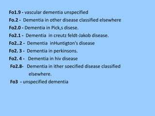 Fo1.9 - vascular dementia unspecified
Fo.2 - Dementia in other disease classified elsewhere
Fo2.0 - Dementia in Pick,s disese.
Fo2.1 - Dementia in creutz feldt-Jakob disease.
Fo2..2 - Dementia inHuntigton's disease
Fo2. 3 - Dementia in perkinsons.
Fo2. 4 - Dementia in hiv disease
Fo2.8- Dementia in ither soecified disease classified
elsewhere.
Fo3 - unspecified dementia
 