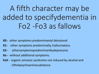 A fifth character may be
added to specifydementia in
Fo2 -Fo3 as fallows
X0 - other symptoms predomimantyl delusional
X1- other symptoms predominatly, hallucinatory.
X3 - othersymptomspredominantkydepressive.
Xo - without additional symptoms.
Fo4 - organic amnesic syndrome not induced by alcohal and
. Othetpsychoactivesubstance.
 