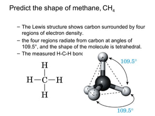 Predict the shape of methane, CH4
– The Lewis structure shows carbon surrounded by four
regions of electron density.
– the four regions radiate from carbon at angles of
109.5°, and the shape of the molecule is tetrahedral.
– The measured H-C-H bond angles are 109.5°.

 