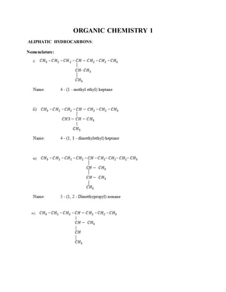 ORGANIC CHEMISTRY 1
ALIPHATIC HYDROCARBONS:
Nomenclature:
 