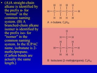 (A)A straight-chain alkane is identified by the prefix n- for "normal" in the common naming system. (B) A branched-chain alkane isomer is identified by the prefix iso- for "isomer" in the common naming system. In the IUPAC name, isobutane is 2-methylpropane. (Carbon bonds are actually the same length.) 