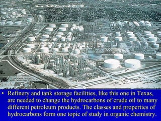 Refinery and tank storage facilities, like this one in Texas, are needed to change the hydrocarbons of crude oil to many different petroleum products. The classes and properties of hydrocarbons form one topic of study in organic chemistry. 