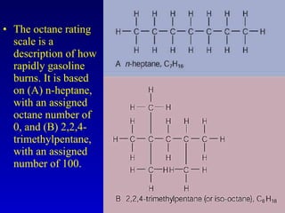 The octane rating scale is a description of how rapidly gasoline burns. It is based on (A) n-heptane, with an assigned octane number of 0, and (B) 2,2,4-trimethylpentane, with an assigned number of 100. 