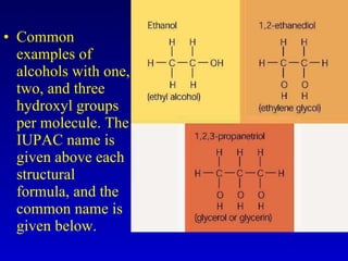 Common examples of alcohols with one, two, and three hydroxyl groups per molecule. The IUPAC name is given above each structural formula, and the common name is given below. 