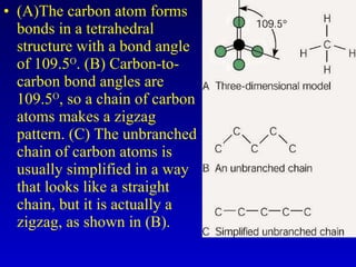 (A)The carbon atom forms bonds in a tetrahedral structure with a bond angle of 109.5 O . (B) Carbon-to-carbon bond angles are 109.5 O , so a chain of carbon atoms makes a zigzag pattern. (C) The unbranched chain of carbon atoms is usually simplified in a way that looks like a straight chain, but it is actually a zigzag, as shown in (B). 