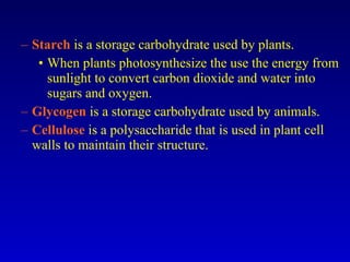 Starch  is a storage carbohydrate used by plants. When plants photosynthesize the use the energy from sunlight to convert carbon dioxide and water into sugars and oxygen. Glycogen  is a storage carbohydrate used by animals. Cellulose  is a polysaccharide that is used in plant cell walls to maintain their structure. 