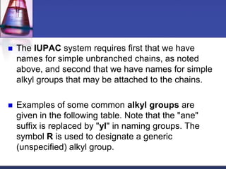    The IUPAC system requires first that we have
    names for simple unbranched chains, as noted
    above, and second that we have names for simple
    alkyl groups that may be attached to the chains.

   Examples of some common alkyl groups are
    given in the following table. Note that the "ane"
    suffix is replaced by "yl" in naming groups. The
    symbol R is used to designate a generic
    (unspecified) alkyl group.
 