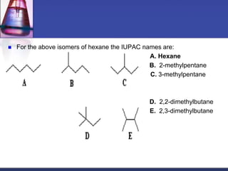    For the above isomers of hexane the IUPAC names are:
                                                A. Hexane
                                                B. 2-methylpentane
                                                C. 3-methylpentane



                                               D. 2,2-dimethylbutane
                                               E. 2,3-dimethylbutane
 