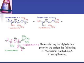Remembering the alphabetical
priority, we assign the following
  IUPAC name: 3-ethyl-2,2,5-
         trimethylhexane.
 