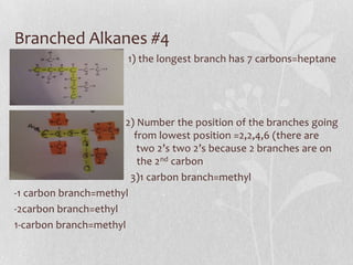 Branched Alkanes #4
1) the longest branch has 7 carbons=heptane
2) Number the position of the branches going
f from lowest position =2,2,4,6 (there are
t two 2’s two 2’s because 2 branches are on
t the 2nd carbon
3)1 carbon branch=methyl
-1 carbon branch=methyl
-2carbon branch=ethyl
1-carbon branch=methyl
 