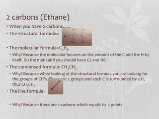 2 carbons (Ethane)
• When you have 2 carbons…..
• The structural formula=
• The molecular formula=C2H6
• Why? Because the molecular focuses on the amount of the C and the H by
itself. Do the math and you should have C2 and H6
• The condensed formula: CH3CH3
• Why? Because when looking at the structural formula you are looking for
the groups of CH’s. There are 2 groups and each C is surrounded by 3 H,
thus CH3CH3
• The line formula=
• Why? Because there are 2 carbons which equals to 2 points
 