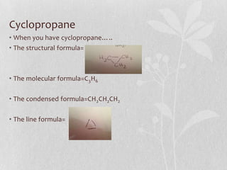 Cyclopropane
• When you have cyclopropane…..
• The structural formula=
• The molecular formula=C3H6
• The condensed formula=CH2CH2CH2
• The line formula=
 