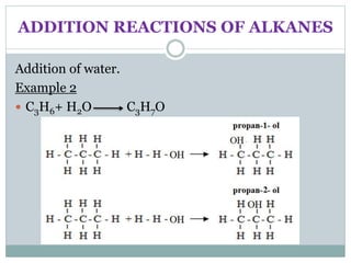 ADDITION REACTIONS OF ALKANES
Addition of water.
Example 2
 C3H6+ H2O C3H7O
 