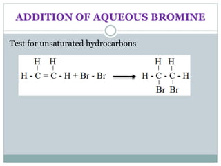 ADDITION OF AQUEOUS BROMINE
Test for unsaturated hydrocarbons
 