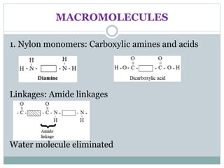 MACROMOLECULES
1. Nylon monomers: Carboxylic amines and acids
Linkages: Amide linkages
Water molecule eliminated
 