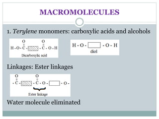MACROMOLECULES
1. Terylene monomers: carboxylic acids and alcohols
Linkages: Ester linkages
Water molecule eliminated
 