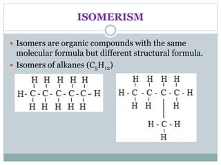 ISOMERISM
 Isomers are organic compounds with the same
molecular formula but different structural formula.
 Isomers of alkanes (C5H12)
 