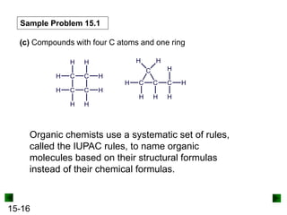 15-16
Sample Problem 15.1
(c) Compounds with four C atoms and one ring
Organic chemists use a systematic set of rules,
called the IUPAC rules, to name organic
molecules based on their structural formulas
instead of their chemical formulas.
 