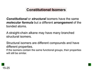 15-25
Constitutional Isomers
Constitutional or structural isomers have the same
molecular formula but a different arrangement of the
bonded atoms.
A straight-chain alkane may have many branched
structural isomers.
Structural isomers are different compounds and have
different properties.
If the isomers contain the same functional groups, their properties
will still be similar.
 
