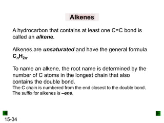 15-34
Alkenes
A hydrocarbon that contains at least one C=C bond is
called an alkene.
Alkenes are unsaturated and have the general formula
CnH2n.
To name an alkene, the root name is determined by the
number of C atoms in the longest chain that also
contains the double bond.
The C chain is numbered from the end closest to the double bond.
The suffix for alkenes is –ene.
 