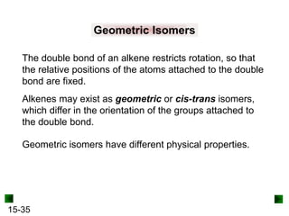 15-35
Geometric Isomers
The double bond of an alkene restricts rotation, so that
the relative positions of the atoms attached to the double
bond are fixed.
Alkenes may exist as geometric or cis-trans isomers,
which differ in the orientation of the groups attached to
the double bond.
Geometric isomers have different physical properties.
 