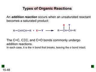 15-48
Types of Organic Reactions
An addition reaction occurs when an unsaturated reactant
becomes a saturated product:
The C=C, CΞC, and C=O bonds commonly undergo
addition reactions.
In each case, it is the π bond that breaks, leaving the σ bond intact.
 
