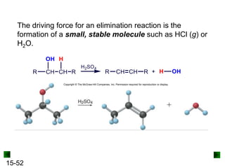 15-52
The driving force for an elimination reaction is the
formation of a small, stable molecule such as HCl (g) or
H2O.
Copyright © The McGraw-Hill Companies, Inc. Permission required for reproduction or display.
 