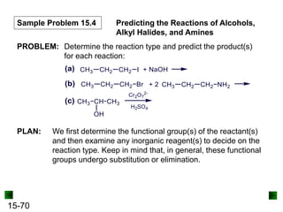 15-70
Sample Problem 15.4 Predicting the Reactions of Alcohols,
Alkyl Halides, and Amines
PLAN: We first determine the functional group(s) of the reactant(s)
and then examine any inorganic reagent(s) to decide on the
reaction type. Keep in mind that, in general, these functional
groups undergo substitution or elimination.
PROBLEM: Determine the reaction type and predict the product(s)
for each reaction:
 