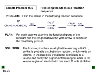 15-79
Sample Problem 15.5 Predicting the Steps in a Reaction
Sequence
PLAN: For each step we examine the functional group of the
reactant and the reagent above the yield arrow to decide on
the most likely product.
PROBLEM: Fill in the blanks in the following reaction sequence:
SOLUTION: The first step involves an alkyl halide reacting with OH-,
so this is probably a substitution reaction, which yields an
alcohol. In the next step the alcohol is oxidized to a
ketone and finally the organometallic reagent adds to the
ketone to give an alcohol with one more C in its skeleton:
 