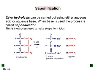 15-85
Saponification
Ester hydrolysis can be carried out using either aqueous
acid or aqueous base. When base is used the process is
called saponification.
This is the process used to make soaps from lipids.
 