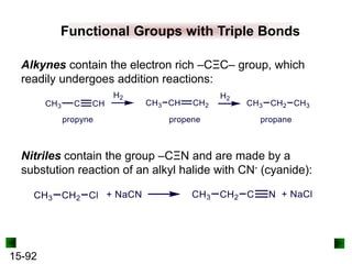15-92
Functional Groups with Triple Bonds
Alkynes contain the electron rich –CΞC– group, which
readily undergoes addition reactions:
Nitriles contain the group –CΞN and are made by a
substution reaction of an alkyl halide with CN- (cyanide):
 