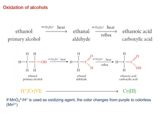 H+/Cr2O7
2-
H+/Cr2O7
2-
If MnO4
2-/H+ is used as oxidizing agent, the color changes from purple to colorless
(Mn2+)
H+/Cr2O7
2- H+/Cr2O7
2-
 