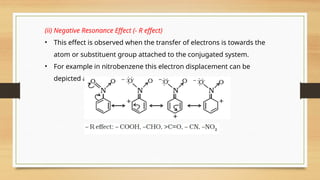 (ii) Negative Resonance Effect (- R effect)
• This effect is observed when the transfer of electrons is towards the
atom or substituent group attached to the conjugated system.
• For example in nitrobenzene this electron displacement can be
depicted as :
 