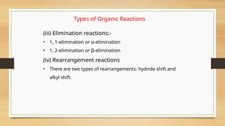 Types of Organic Reactions
(iii) Elimination reactions:-
• 1, 1-elimination or α-elimination
• 1, 2-elimination or β-elimination
(iv) Rearrangement reactions
• There are two types of rearrangements: hydride shift and
alkyl shift.
 