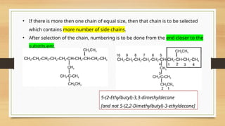 • If there is more then one chain of equal size, then that chain is to be selected
which contains more number of side chains.
• After selection of the chain, numbering is to be done from the end closer to the
substituent.
5-(2-Ethylbutyl)-3,3-dimethyldecane
[and not 5-(2,2-Dimethylbutyl)-3-ethyldecane]
 