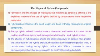 The Shapes of Carbon Compounds
1) Formation and the shapes of molecules like methane (), ethene (), ethyne () are
explained in terms of the use of hybrid orbitals by carbon atoms in the respective
molecules
2) Hybridisation influences the bond length and bond enthalpy (strength) in organic
compounds.
3) The sp hybrid orbital contains more s character and hence it is closer to its
nucleus and forms shorter and stronger bonds than the and hybrid orbital.
4) The change in hybridisation affects the electronegativity of carbon. The greater
the s character of the hybrid orbitals, the greater is the electronegativity. Thus, a
carbon atom having an sp hybrid orbital with 50% s character is more
electronegative than that possessing (33 %) or (25%) hybridised orbitals.
 