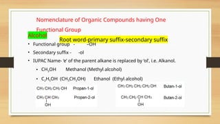 Nomenclature of Organic Compounds having One
Functional Group
Root word-primary suffix-secondary suffix
Alcohol
• Functional group - –OH
• Secondary suffix - -ol
• IUPAC Name- ‘e’ of the parent alkane is replaced by ‘ol’, i.e. Alkanol.
• CH3OH Methanol (Methyl alcohol)
• C2H5OH (CH3CH2OH) Ethanol (Ethyl alcohol)
 