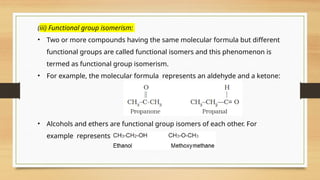 (iii) Functional group isomerism:
• Two or more compounds having the same molecular formula but different
functional groups are called functional isomers and this phenomenon is
termed as functional group isomerism.
• For example, the molecular formula represents an aldehyde and a ketone:
• Alcohols and ethers are functional group isomers of each other. For
example represents
 