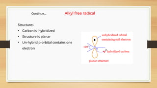 Continue… Alkyl free radical
Structure:-
• Carbon is hybridized
• Structure is planar
• Un-hybrid p-orbital contains one
electron
 