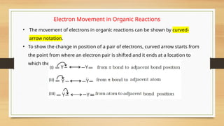 Electron Movement in Organic Reactions
• The movement of electrons in organic reactions can be shown by curved-
arrow notation.
• To show the change in position of a pair of electrons, curved arrow starts from
the point from where an electron pair is shifted and it ends at a location to
which the pair of electron may move.
 