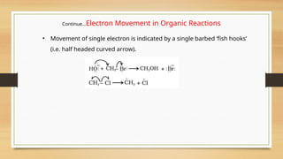 Continue…Electron Movement in Organic Reactions
• Movement of single electron is indicated by a single barbed ‘fish hooks’
(i.e. half headed curved arrow).
 