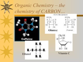 Organic Chemistry – the
chemistry of CARBON…
Vitamin C
Glucose
Ethanol
 