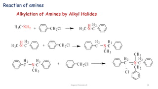 Organic Chemistry 3 14
C H 2C l
+
H 3C N H 2 H 3C
H
N
H 2
C
C H 2C l
C H 3
N
H 2
C
C H 3
N
H 2
C
C H 2
H 2
C
C l
H 3C
H
N
H 2
C +
H 2
C
C H 3
N
H 2
C
H 2
C C H 2C l
+
Alkylation of Amines by Alkyl Halides
Reaction of amines
 