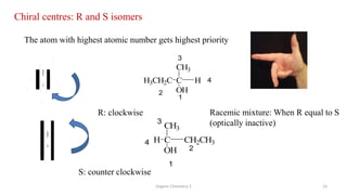 Organic Chemistry 3 23
Chiral centres: R and S isomers
R: clockwise
The atom with highest atomic number gets highest priority
1
2
3
4
C B r
C l
F
H
S: counter clockwise
C CH2CH3
OH
H
CH3
1
2
3
4
1
2
3
4
C B r
H
F
C l
Racemic mixture: When R equal to S
(optically inactive)
C H
OH
H3CH2C
CH3
1
2
3
4
 